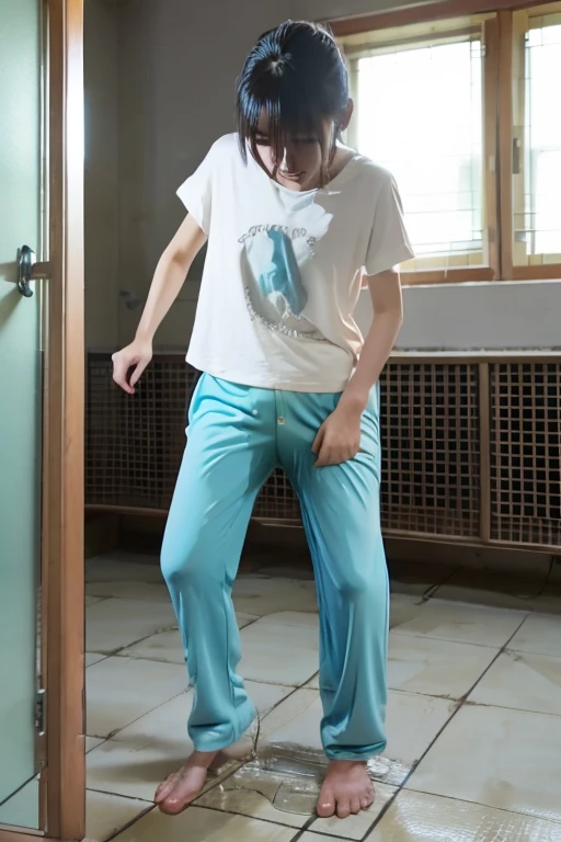 Japanese Girl thin body wearing a white short-sleeved t-shirt sees the ghost and pees her light blue loose pajama pants until his pants are wet pants in fright.