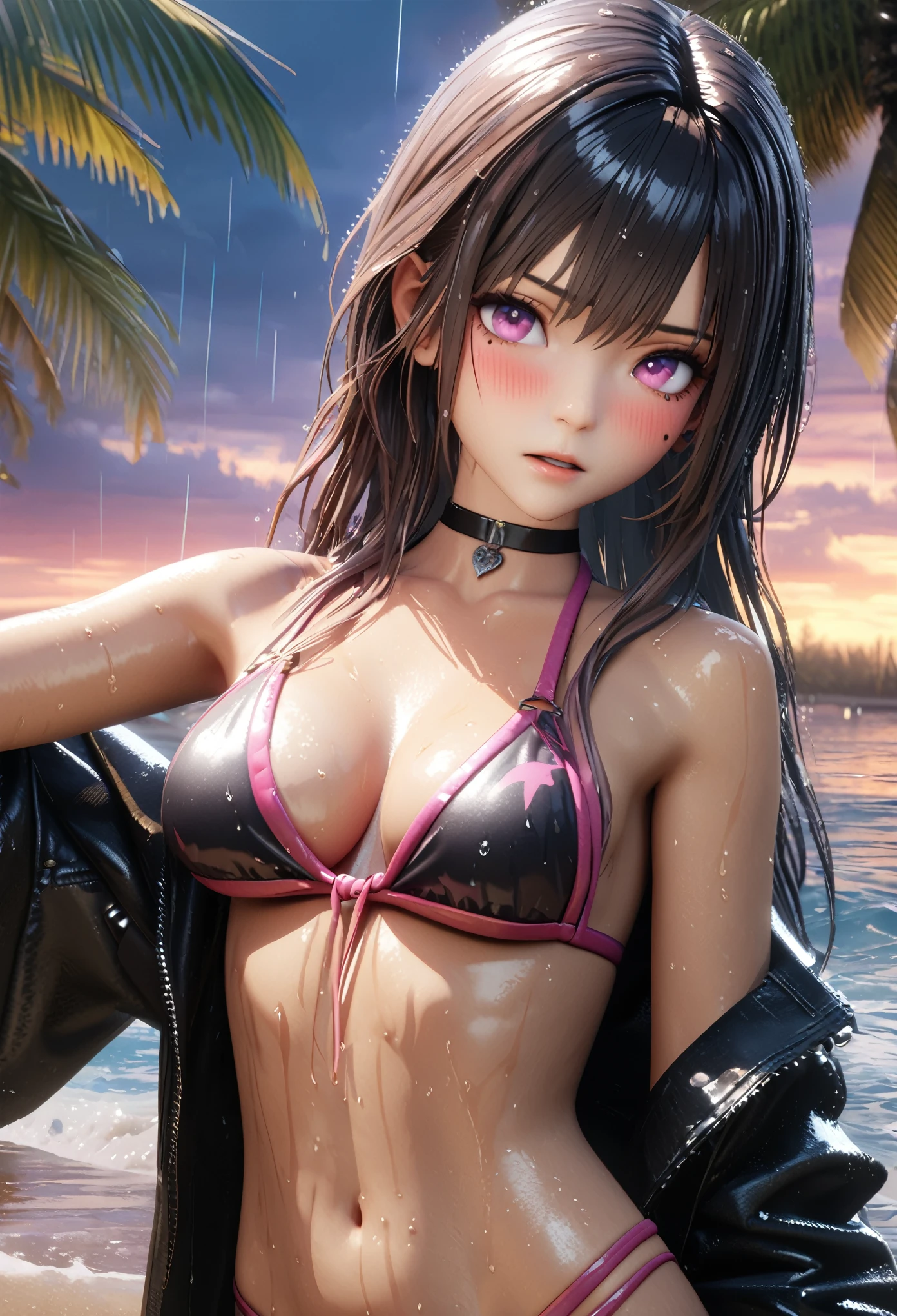 masterpiece, best quality, highly detailed, high resolution, expensive resolution, high resolution, 4k, 8k, Unity 8k wallpaper, highly detailed CG, masterpiece, 2d, 3d, beautiful details, depth, fine texture, best quality: 1.3, fully focused, crispy skin, him, very cute anime girl, bikini, Heavy rain, squall,big boobs, expensive pink medium long hair, heavy rain, squall, soaking wet hair, soaking wet only daughter, palm trees, seaside, mole under eye, looking at the viewer, expensive, blush, mole, open lips, heart, pink eyes, choker