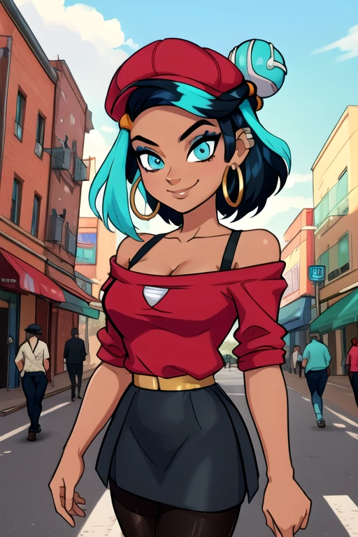 masterpiece, best quality, 12k hdr, (Detailed face:1.2), (Detailed eyes:1.2), solo, 1girl, nessacasual, dark skin, blue eyeshadow, aqua eyes, short hair, black hair, blue hair, aqua hair, multicolored hair, two-tone hair, hair bun, single hair bun, eyeshadow, slim feminine figure, medium breasts, arrogant smile, grey cabbie hat, red shirt, off shoulder, collarbone exposed, cleavage, black lycra short skirt, pantyhose, hoop earrings, black high-heels, hoop earrings, cowboy shot, full body, outdoors, city street
