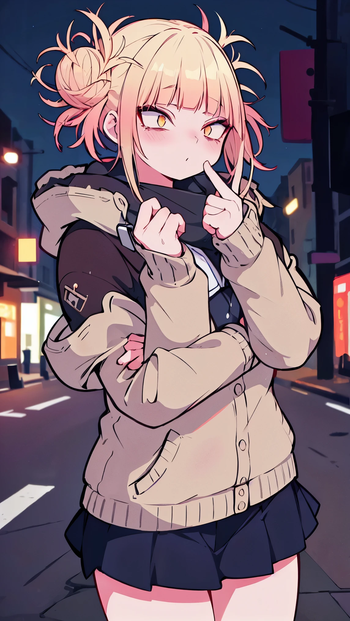 Girl1,black jacket,black skirt,(city,in the night,neon),top quality, high precision,beautiful lighting,realistic shade,high precision,(very detailed face and eyes and body,cowboy shot)