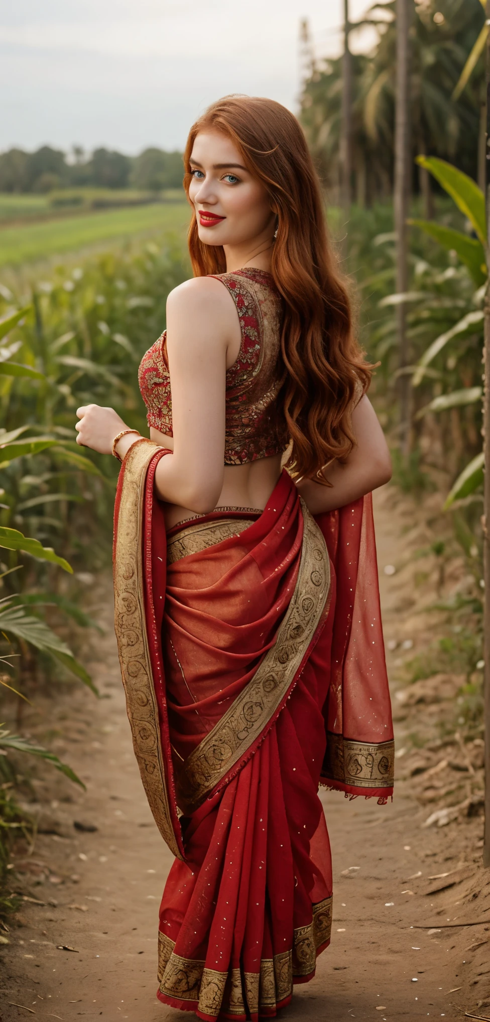 Russian pornstar Jia lissa, inside sugarcane field, evening sky, bossy sassy photoshoot, (wearing silk sexy full Indian desi saree ),(red lipstick, sexy bright face), (intricate detailing of face eyes nose mouth full lips & body parts), textured skin, smile:0.6, eyes symmetry, face symmetry, 256K, HDR, hyper realistic, intricate detailing, yotta-pixel image, yocto-pixel detailing, super realistic,4k, HDR, detailed image, full body capture, whole body capture in this picture, sexy saree Russian 