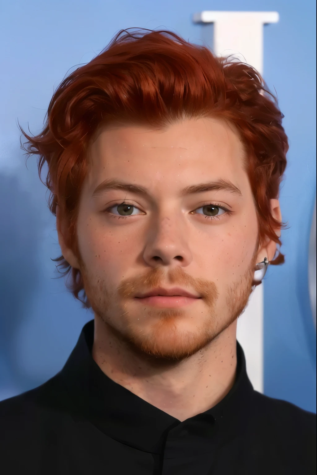 a close up of a man with a red hair and a black shirt, harry styles, taken in the early 2020s, reddish beard, he has short curly ginger hair, taken in the late 2010s, flowing ginger hair, light stubble with black shirt,