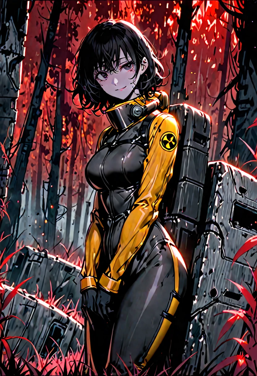 solo, female, sfw, medium shot, tall woman, happy smile, pitch black skin, large breasts, red forest, short hair, black hair, messy hair, radiation suit, ruins, red grass, tired, black eyes, leaning over, leaning on object, sweat