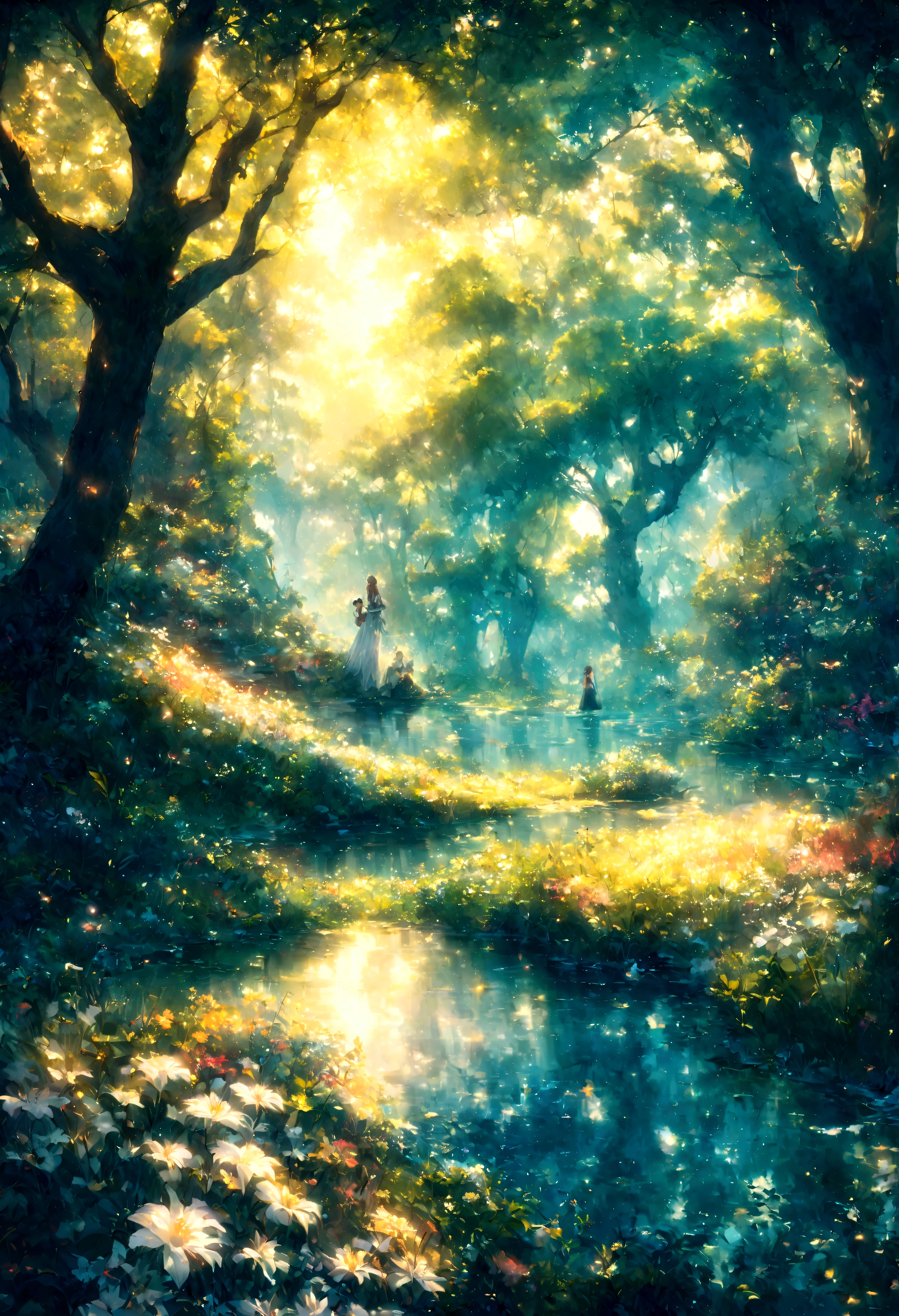 The landscape, no one, the cloud, the dawn, the wind, the cool, in the forest, the lilies bloom, brilliantly, a small flower sandwiched between the two books on the wooden card, the road around is zigzag Leading to the ancient school, many trees, dawn rays sparkling on a narrow road, wild flowers blooming along the road, there is a small lake quietly reflecting the sun. Reasonable and logical layout, harmonious colors, high resolution, clear.