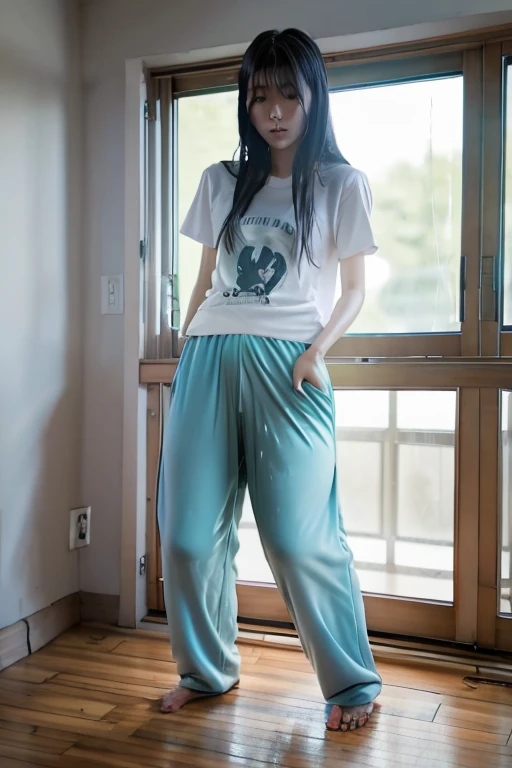 Japanese Girl thin body wearing a white short-sleeved t-shirt sees the ghost and pees her light blue loose pajama pants until his pants are wet pants in fright.