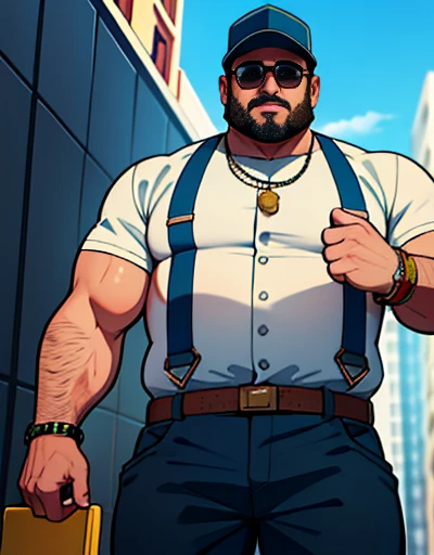 1 chubby man with , gesturing with hands, conversando com o expectador, ((he is a construction worker he is working in construction)). fotografia de Corpo completo imagem de corpo inteiro , ele trabalha de encanador, ele trabalha de pedreiro, ele trabalha de eletricista, he works as a metalworker. He has a cap, he has a hat, He wears prescription glasses, he wears sunglasses, ele tem barba curta, ele tem barba enorme, he is stroking his crotch looking at the viewer. Ele tem 64 anos, idoso, cabelo grisalho, barba grisalho. He wears a digital watch on his wrist, He wears several Nordic bracelets on his wrist., he wears a gold chain around his neck. Ele usa pulseiras de prata no pulso. Corpo de homem urso papai americano, he is taking off his shorts he is taking off his underwear with his hands for the viewer to see.