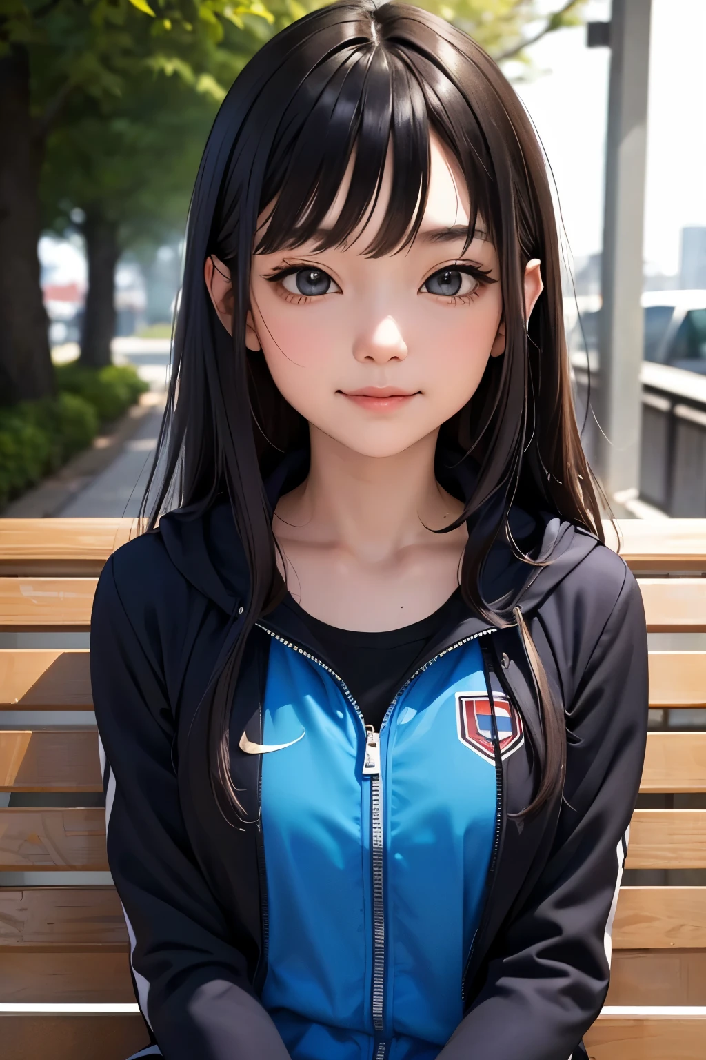 masterpiece, highest quality, One girl, alone, TB, ((20 years, The Face of Japan, Japanese actress)), Long Hair, Black Hair, Iris, Blue jacket, Black gym clothes, (Expressionless), Sitting, Outdoor, Sitting on a bench, ((Upper Body, Face Focus, Face close-up)), smile, teeth,