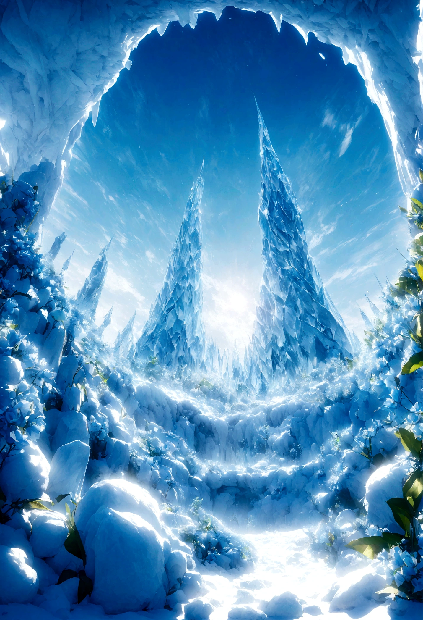 surreal scene，cosmetic bottles，Surrounded by snow and ice flowers，blue sky background，Yuki，Sunlight，Low Angle of View，Blender，Product Rendering，HD 8K。 --v6