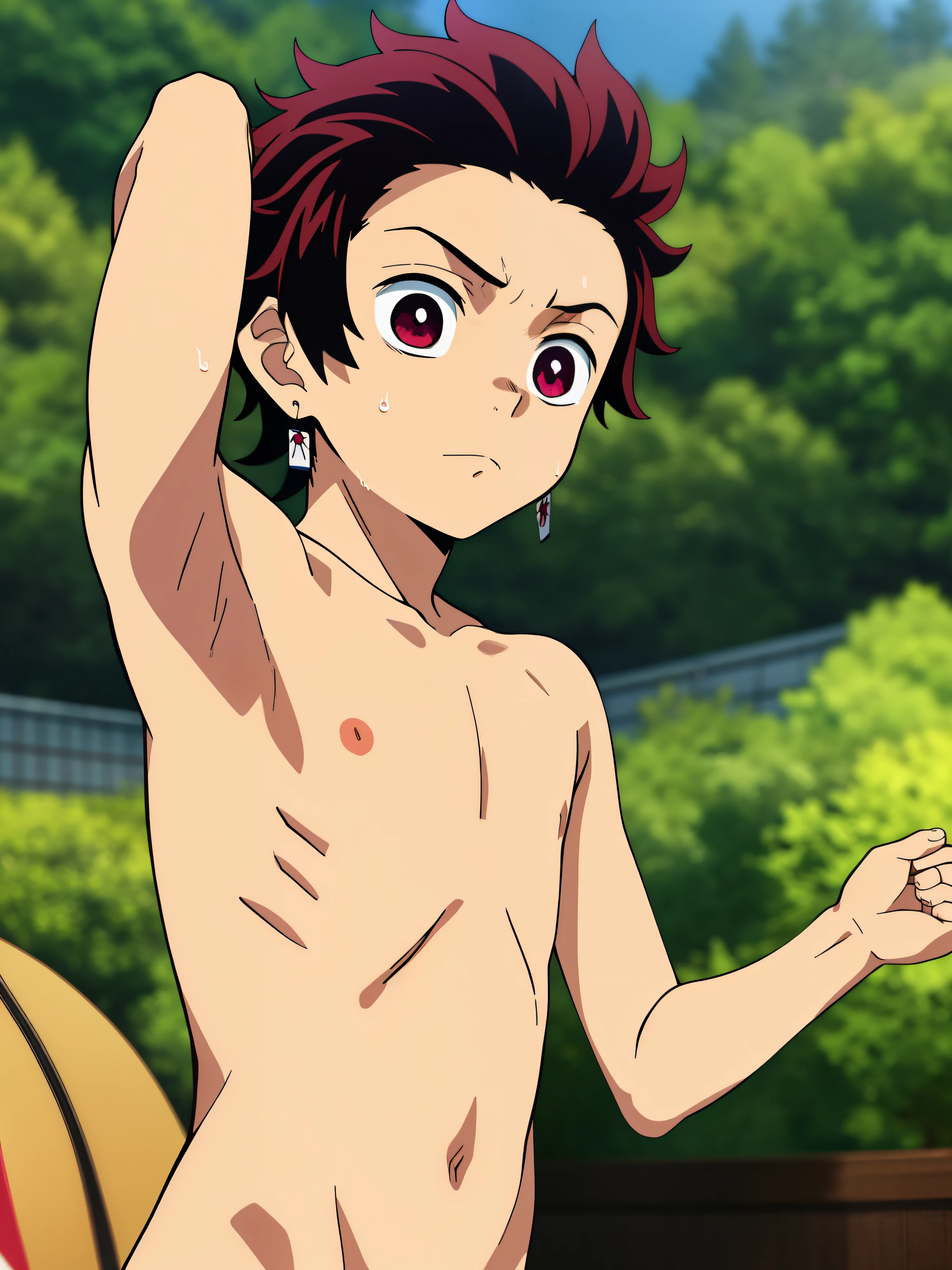 Highres, Masterpiece, Best quality at best,Best Quality,hight quality, hight detailed, Anime style, 1boy, Boy, Shota, Solo person, Tanjiro_kamado, Demon slayer, Open forehead, Earring, Shirtless, bare chest, Slim body, Sweat, (Showing armpit:1.3), Upper body, Blurry beckground, from the front, (very  boy), (very small and short body), bokeh, Uhd