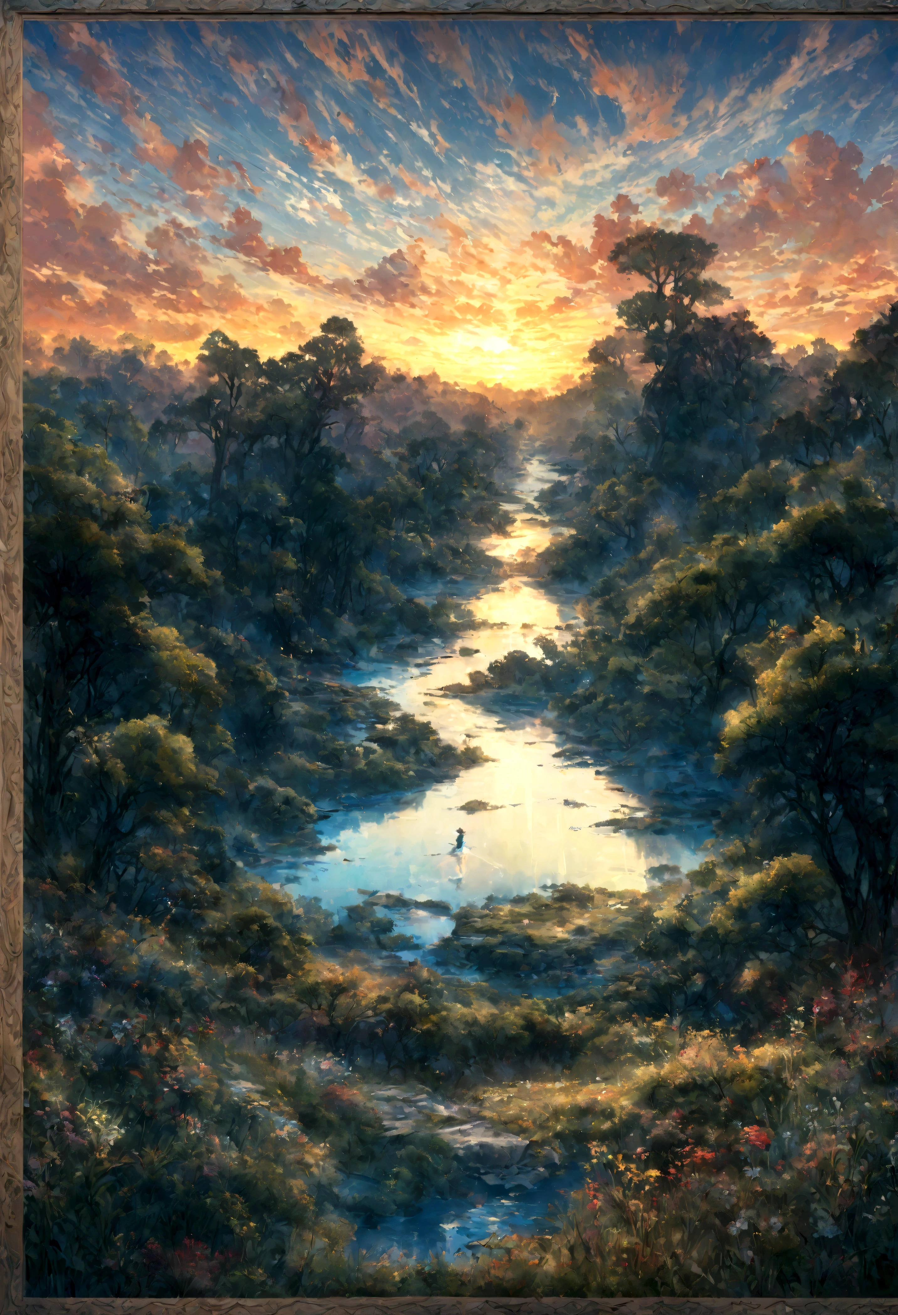 The landscape, no one, the cloud, the dawn, the wind, the cool, in the forest, the lilies bloom, brilliantly, a small flower sandwiched between the two books on the wooden card, the road around is zigzag Leading to the ancient school, many trees, dawn rays sparkling on a narrow road, wild flowers blooming along the road, there is a small lake quietly reflecting the sun. Reasonable and logical layout, harmonious colors, high resolution, clear.