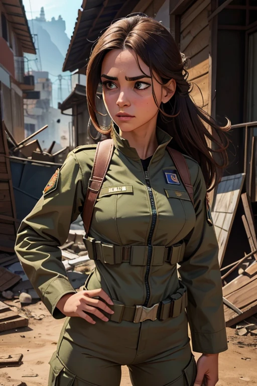 Amidst the chaos and devastation of a war scenario, uma mulher soldado se destaca de forma deslumbrante. Your features are striking, com uma beleza que parece quase irreal diante do tumulto ao redor. Os olhos expressivos, full of courage and determination, brilham intensamente sob o capacete militar. O uniforme camuflado, perfectly adjusted to the slim, athletic body, can't hide her femininity. Mesmo coberta de poeira e suor, your presence exudes a natural grace that attracts admiring glances. With a rifle firmly in hand and a resolute stance, she advances across the battlefield, symbolizing a powerful blend of strength and beauty that illuminates the darkness of conflict.