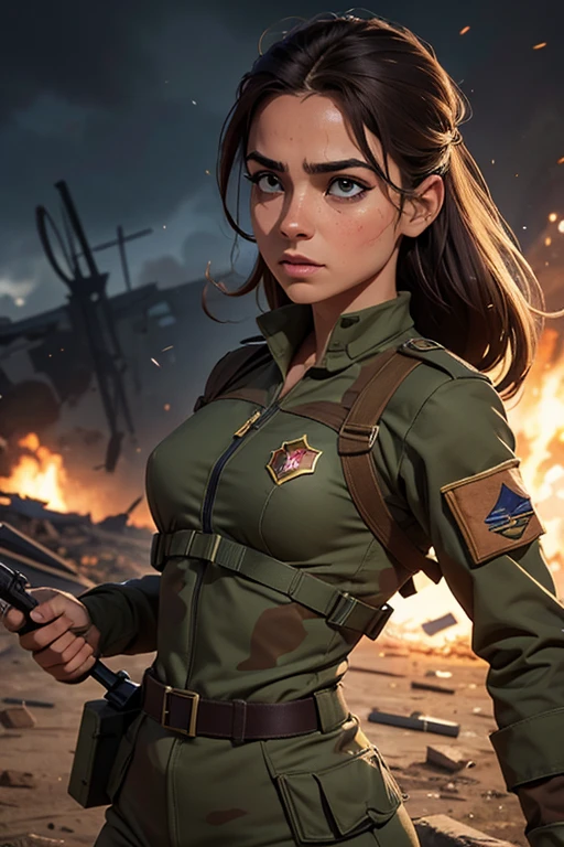 Amidst the chaos and devastation of a war scenario, uma mulher soldado se destaca de forma deslumbrante. Your features are striking, com uma beleza que parece quase irreal diante do tumulto ao redor. Os olhos expressivos, full of courage and determination, brilham intensamente sob o capacete militar. O uniforme camuflado, perfectly adjusted to the slim, athletic body, can't hide her femininity. Mesmo coberta de poeira e suor, your presence exudes a natural grace that attracts admiring glances. With a rifle firmly in hand and a resolute stance, she advances across the battlefield, symbolizing a powerful blend of strength and beauty that illuminates the darkness of conflict.