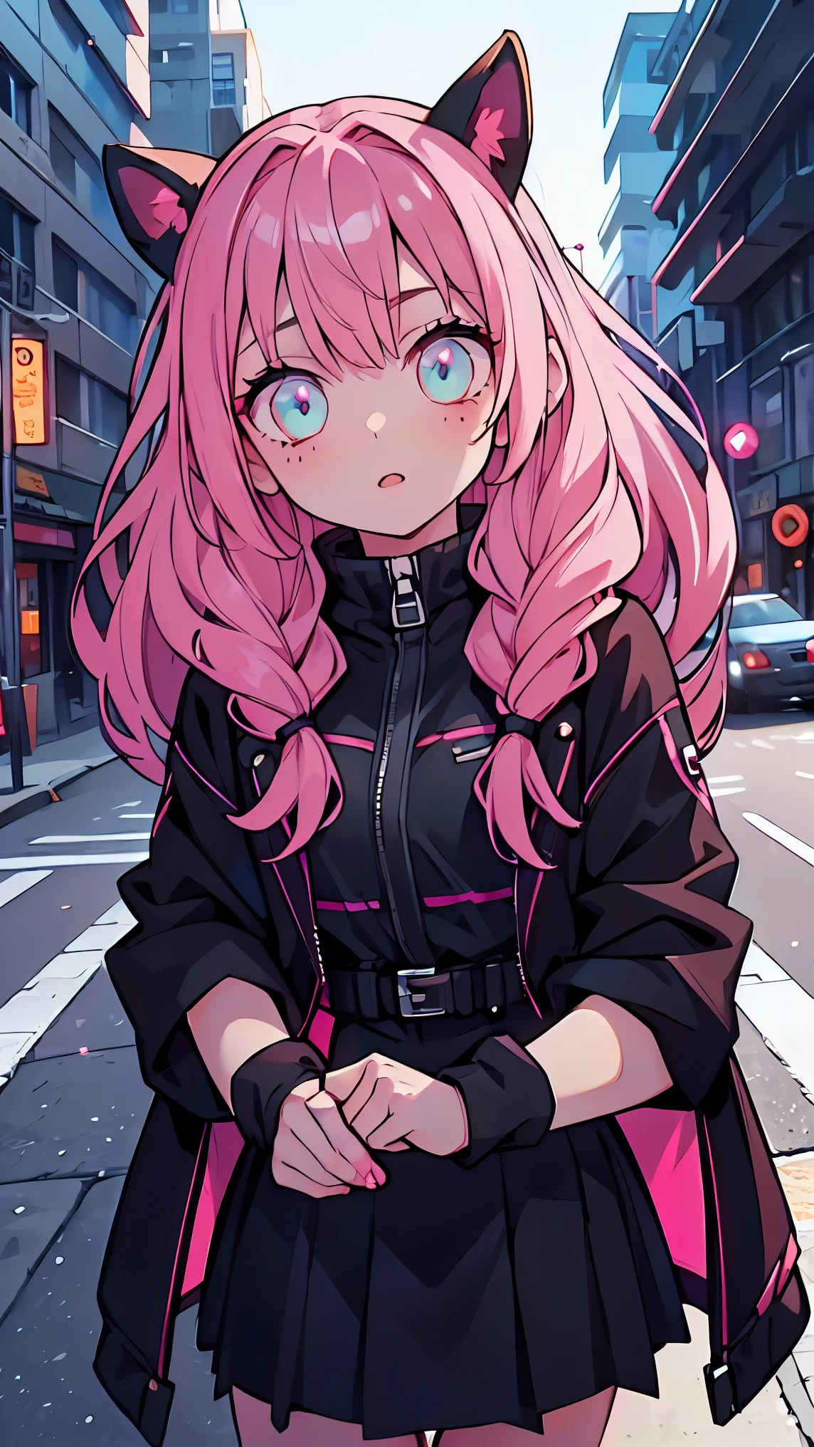 Girl1,pink hair,black jacket,black skirt,(city,in the night,neon),top quality, high precision,beautiful lighting,realistic shade,high precision,(very detailed face and eyes and body,cowboy shot)