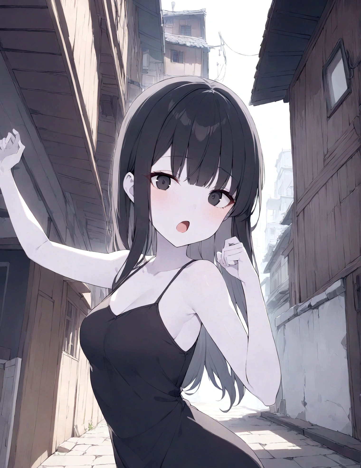 detailed, (masterpiece:1.2), (pale_skin:1.2), (alone:1.2), (woman), thin, (Shine_eye), Long Hair, bangs, Black Hair, Outdoor, No sleeve, black eye, wood, building, City、An alley with little traffic、eyeの間の毛、Open your mouth、Mocking look、eyeが光る、Dynamic Pose
