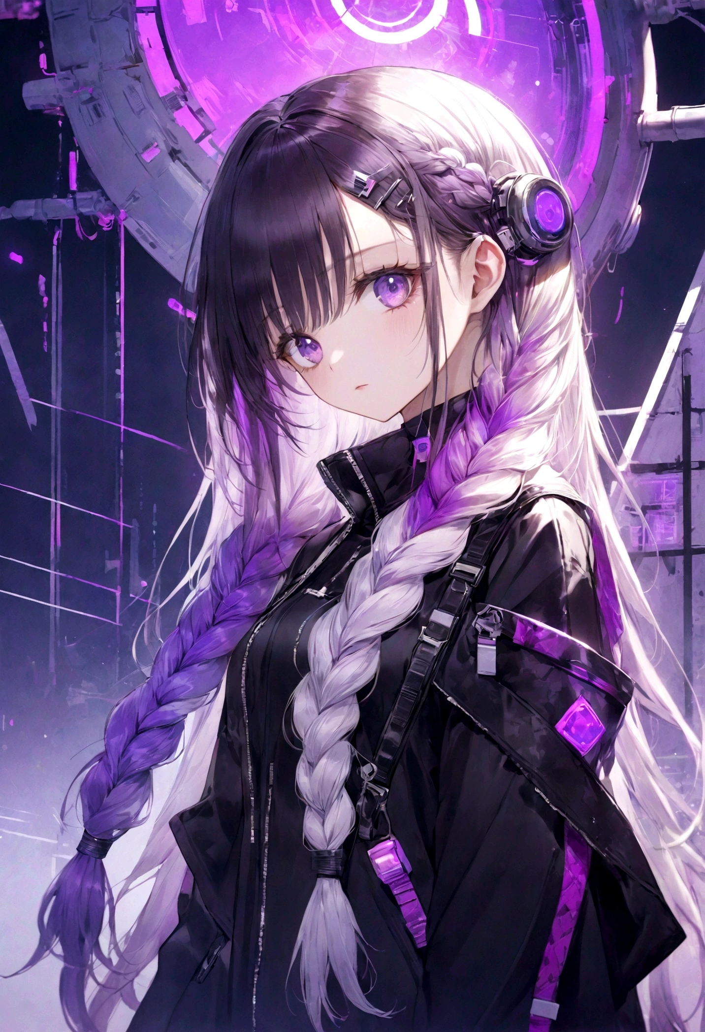 Purple and white gradient braided long hair girl、cyber punk