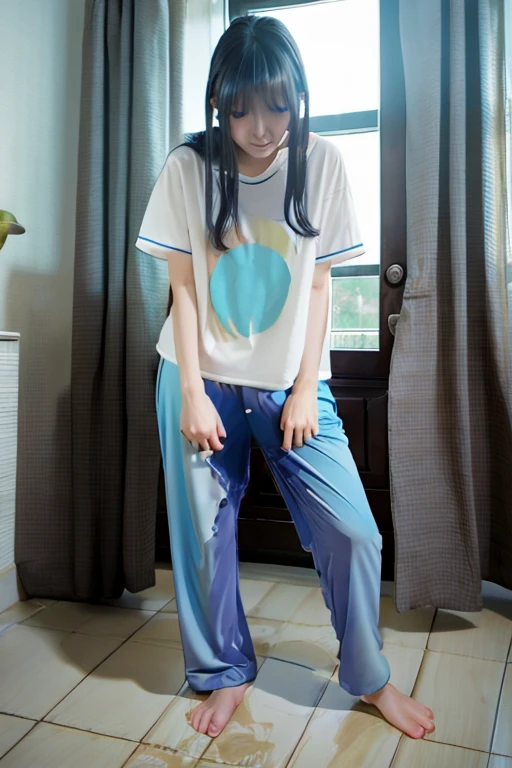 Japanese Girl thin body wearing a white short-sleeved t-shirt sees the ghost and pees her light blue loose pajama pants until his pants are wet pants in fright.