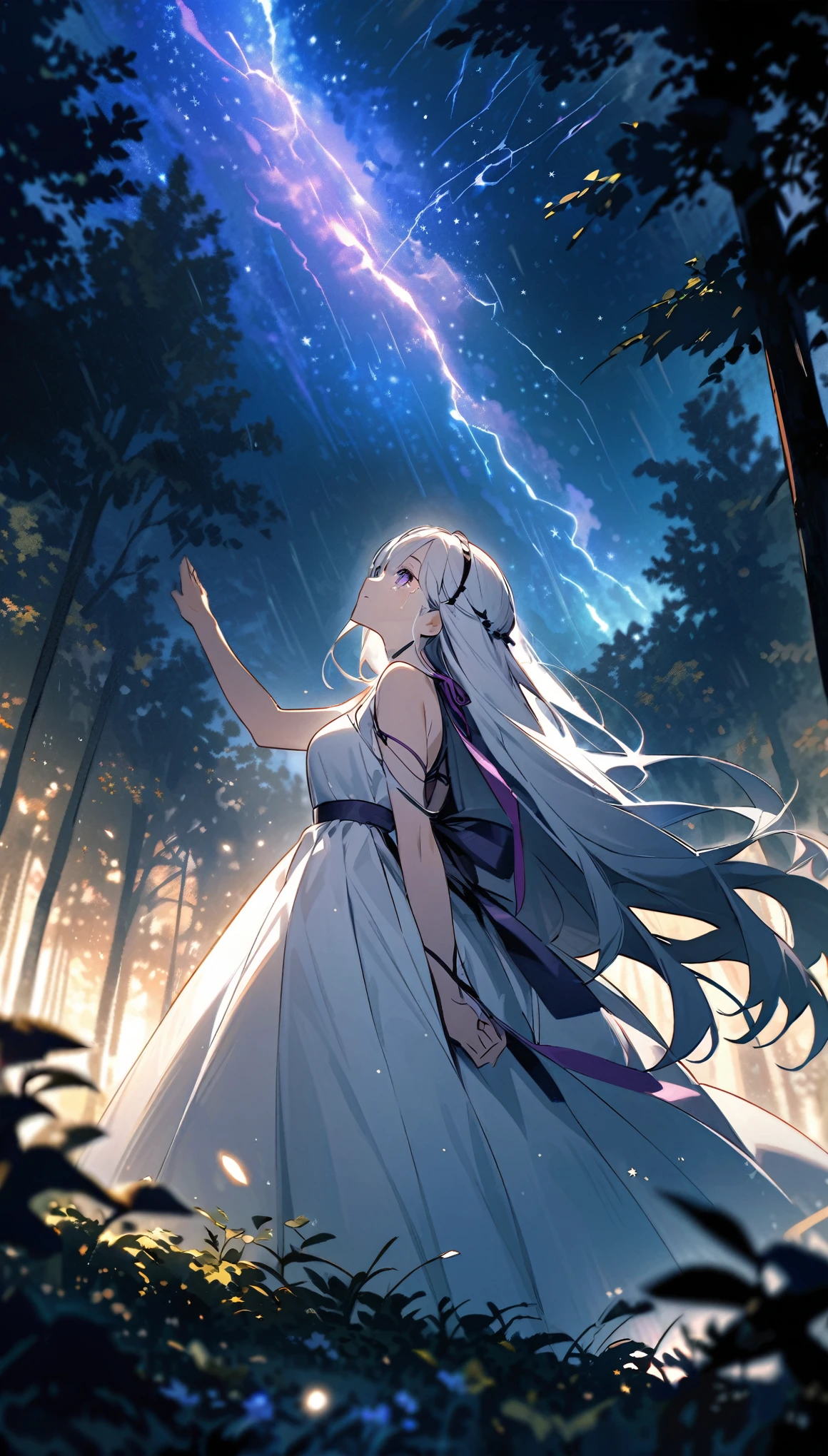 Picture a beautiful 30-year-old woman looking at a rainy sky with thunderstorms.. she wore a white dress. She also has white hair and a purple ribbon on the back of her head.. She has long hair, Tie only one strand back and let the rest fall naturally.. she is standing in the forest, Looking up at the starry night sky, One hand reaches out to the sky, And tears fell from her purple eyes.. All of this was filmed next to him..