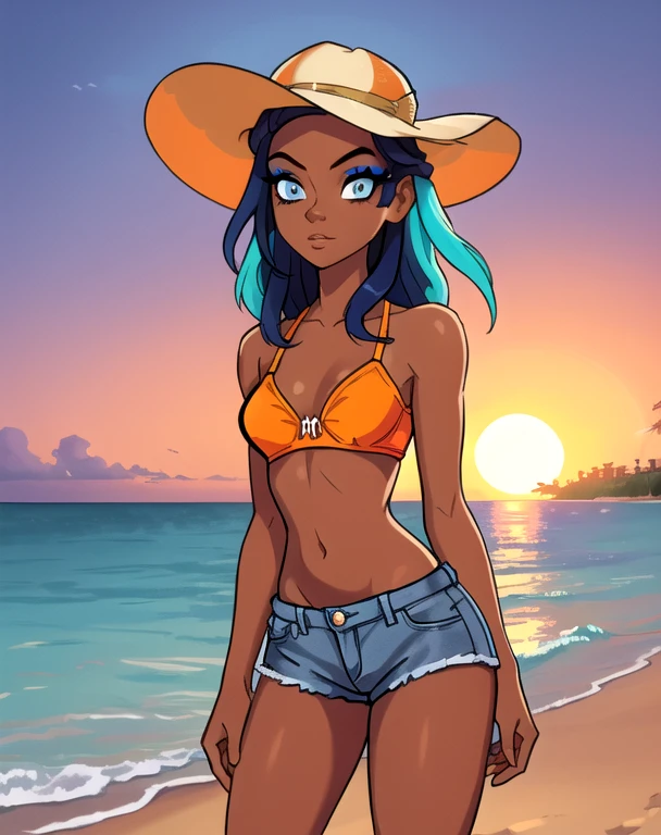 (masterpiece, best quality), (Detailed face:1.2), (Detailed eyes:1.2), 1girl, nessaswim, nessarnd, nessaholiday, dark skin, makeup, medium breasts, sunhat, orange bikini bra, denim short-shorts, white high-heels, standing, cowboy shot, cinematic composition, (Background: outdoors, dusk, sunset, beach resort)
