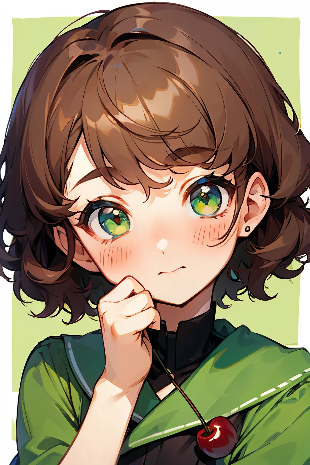 a cute girl with short curly hair, green eyes, cherries, blushing