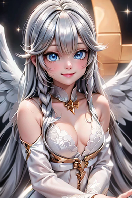 close_up of an (angel) smiling, sparkling (blue) eyes, shiny white hair, (golden and silver) make_up, white wings, heavenly background,