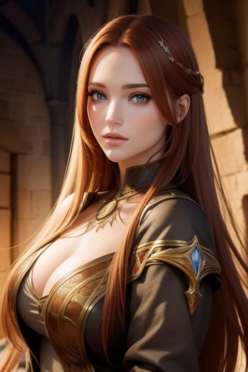 Jolie femme, humain, face ronde, rousse light, Fantasy medieval cadre
