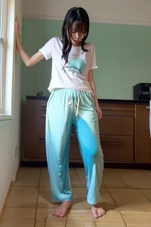 Japanese Girl thin body wearing a white short-sleeved t-shirt sees the ghost and pees her light blue lose pajama pants until his pants are wet pants in fright.