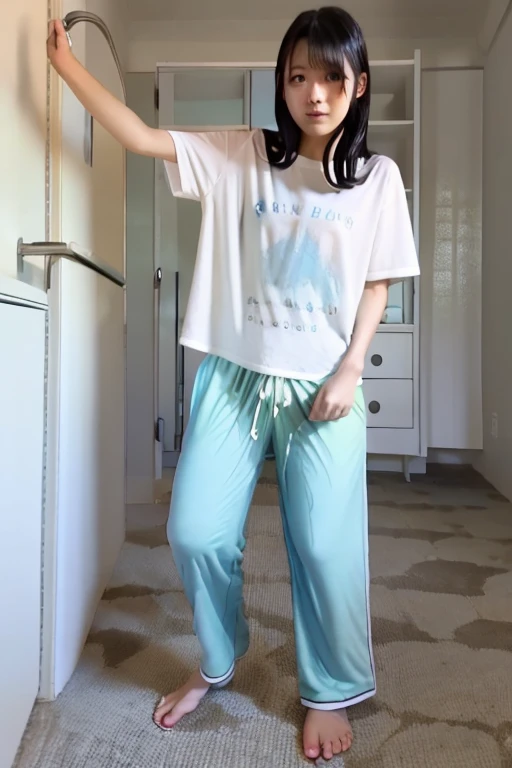 Japanese Girl thin body wearing a white short-sleeved t-shirt sees the ghost and pees her light blue lose pajama pants until his pants are wet pants in fright.