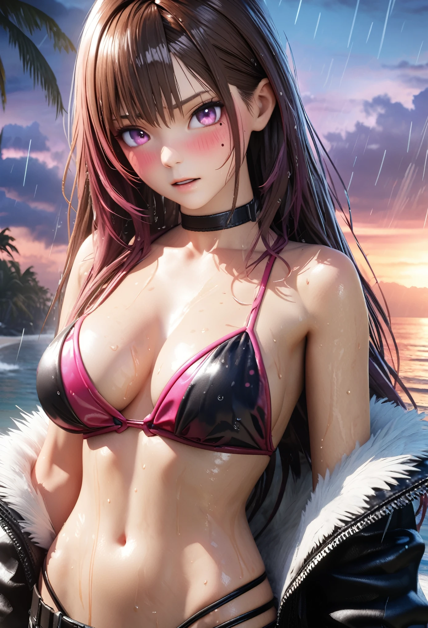 masterpiece, best quality, highly detailed, high resolution, expensive resolution, high resolution, 4k, 8k, Unity 8k wallpaper, highly detailed CG, masterpiece, 2d, 3d, beautiful details, depth, fine texture, best quality: 1.3, fully focused, crispy skin, him, very cute anime girl, bikini, Heavy rain, squall,big boobs, expensive pink medium long hair, heavy rain, squall, soaking wet hair, soaking wet only daughter, palm trees, seaside, mole under eye, looking at the viewer, expensive, blush, mole, open lips, heart, pink eyes, choker