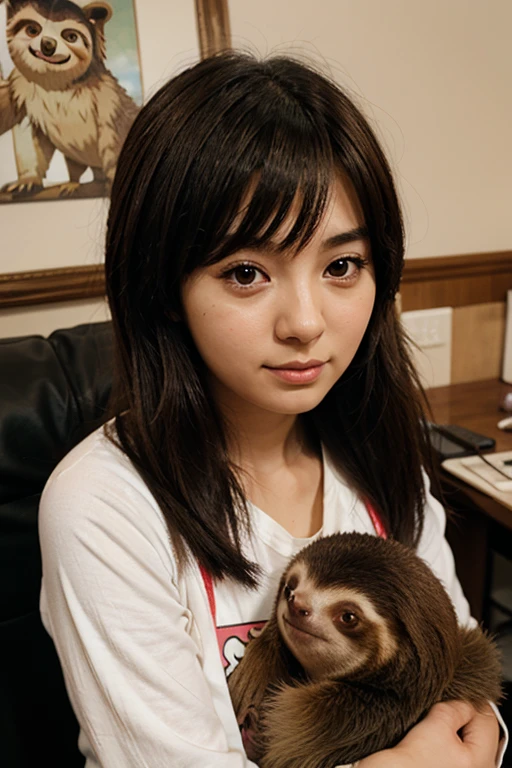 An anime girl holding a pet sloth both looking at the screen