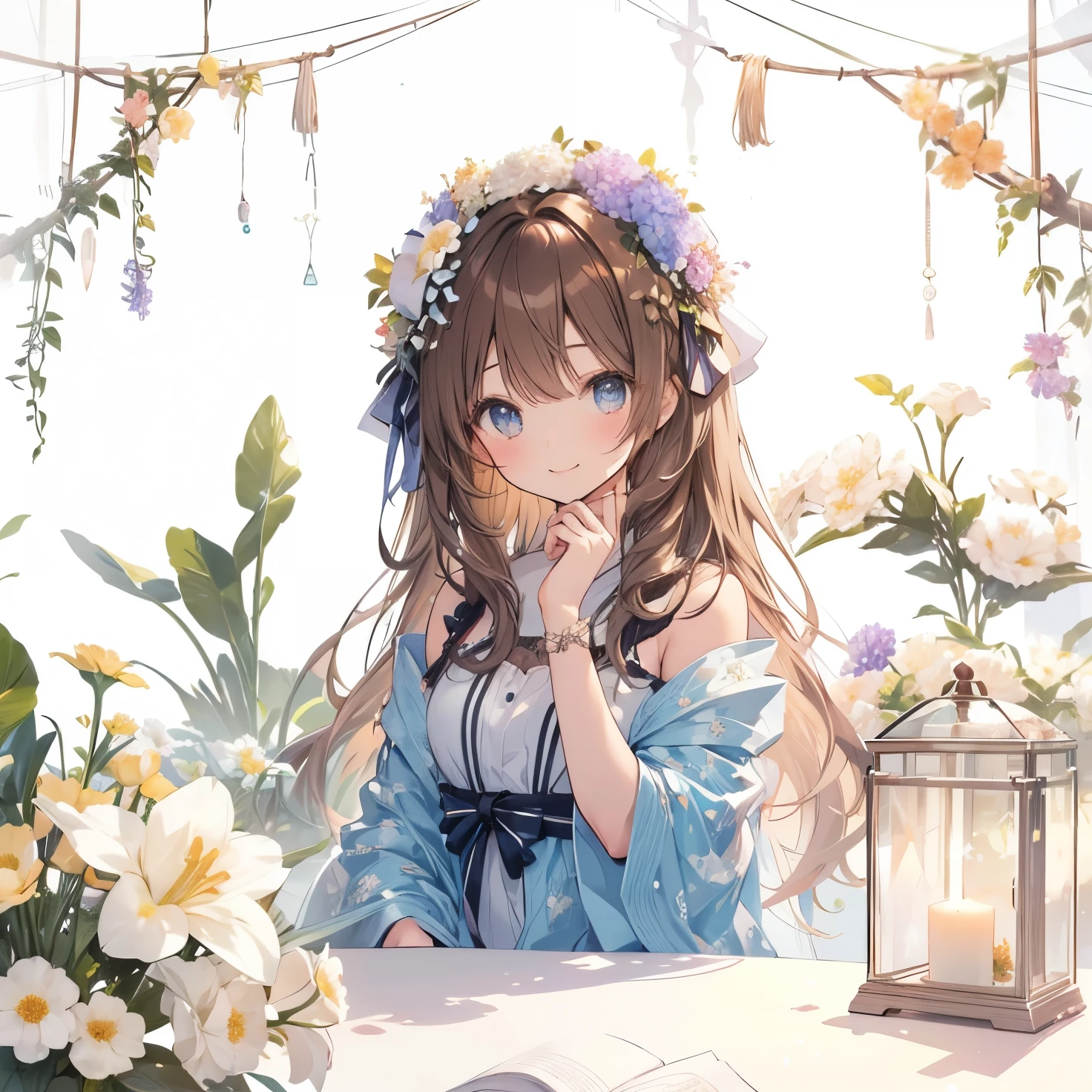 Beautiful and cute girl、up、1girl, ((best quality high resolution)), a wig is displayed sitting on a table with flowers and some flowers, flower, long hair, solo, 1girl, brown hair、smile
