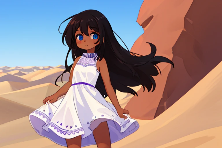 high resolution,high quality,1Girl,solo,Black Hair,Purple Mesh,Brown Skin,Blue Eyes,White sleeveless dress,Desert town