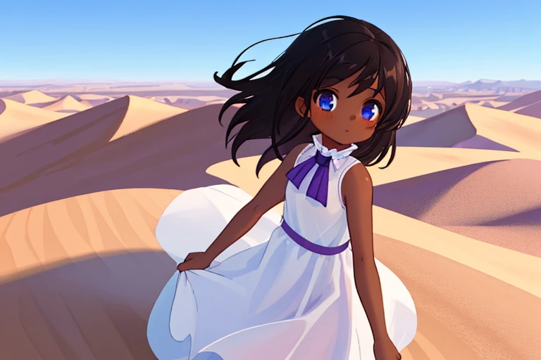 high resolution,high quality,１Girl,solo,Black Hair,Purple Mesh,Brown Skin,Blue Eyes,White sleeveless dress,Desert town