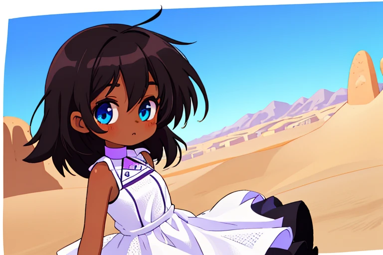 high resolution,high quality,1Girl,solo,Black Hair,Purple Mesh,Brown Skin,Blue Eyes,White sleeveless dress,Desert town
