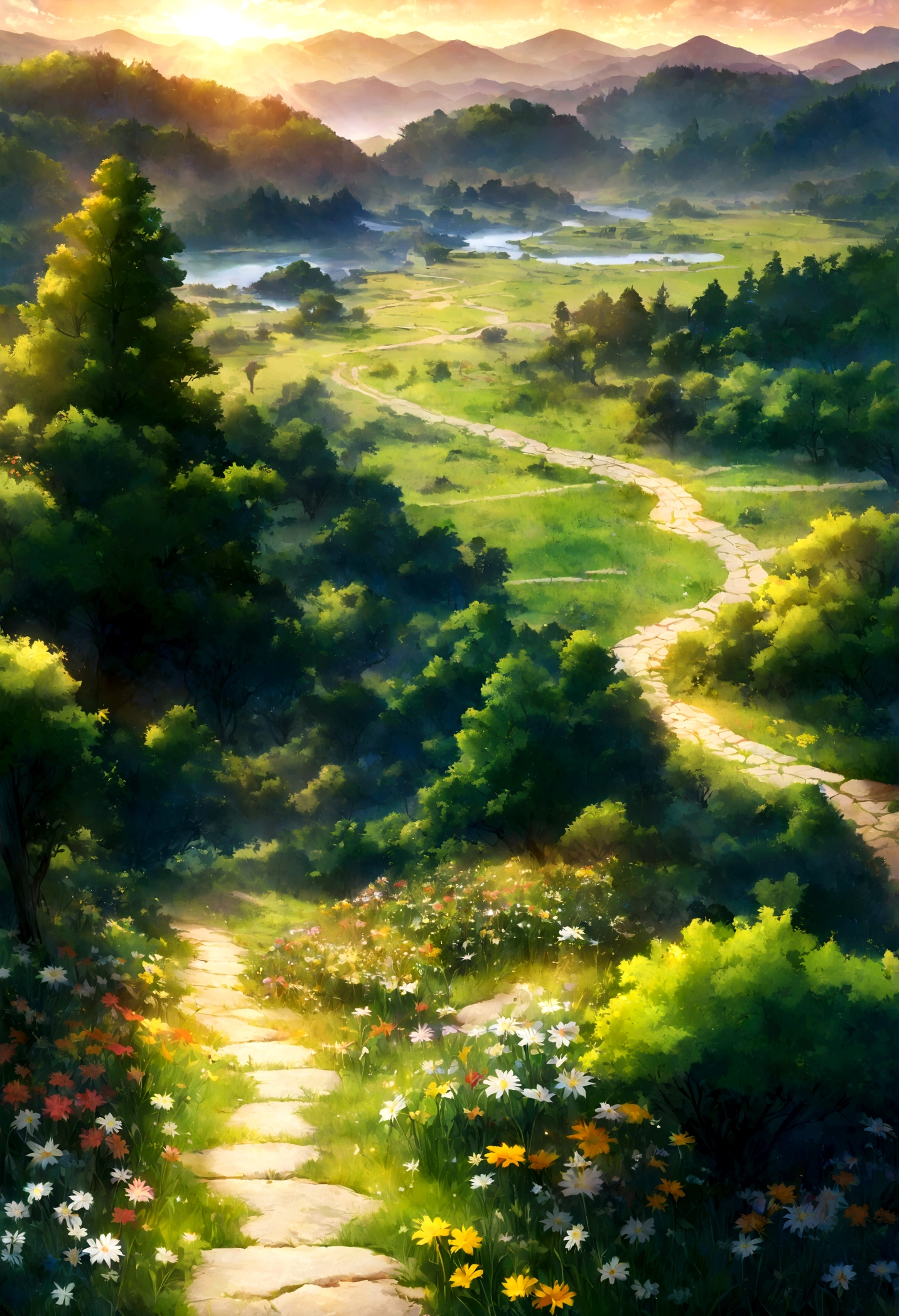 The landscape, no one, the cloud, the dawn, the wind, the cool, in the forest, the lilies bloom, brilliantly, the zigzag road leads to the ancient school, many trees, sunrise rays Funising on a narrow road, wild flowers blooming along the road, there is a small lake quietly reflecting the sun. Reasonable and logical layout, harmonious colors, high resolution, clear.