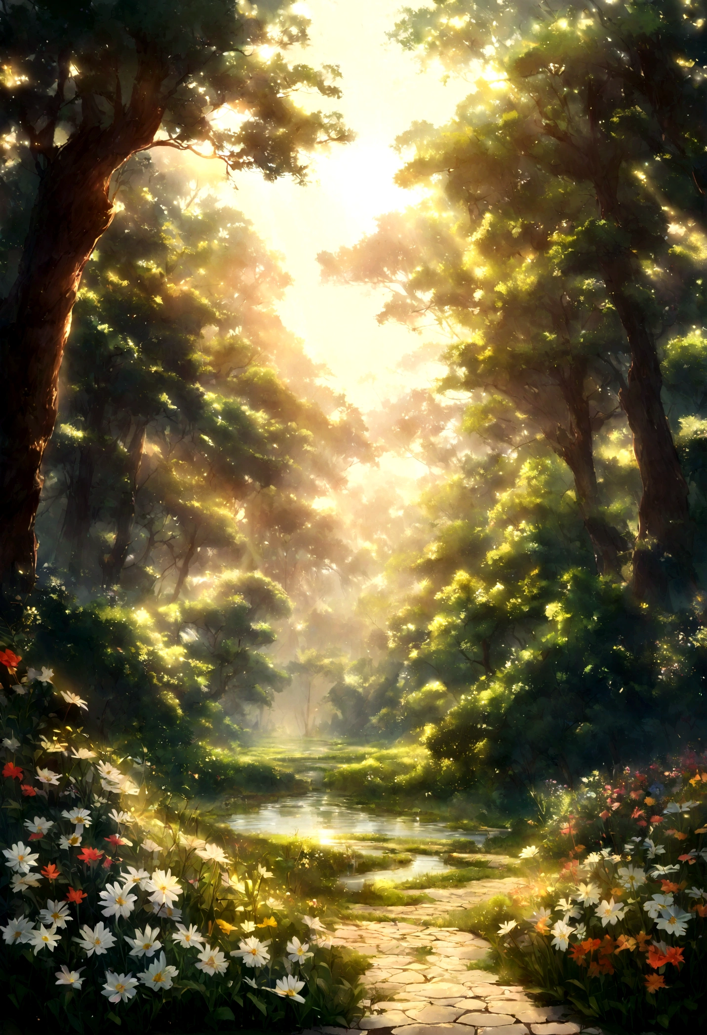 The landscape, no one, the cloud, the dawn, the wind, the cool, in the forest, the lilies bloom, brilliantly, the zigzag road leads to the ancient school, many trees, sunrise rays Funising on a narrow road, wild flowers blooming along the road, there is a small lake quietly reflecting the sun. Reasonable and logical layout, harmonious colors, high resolution, clear.