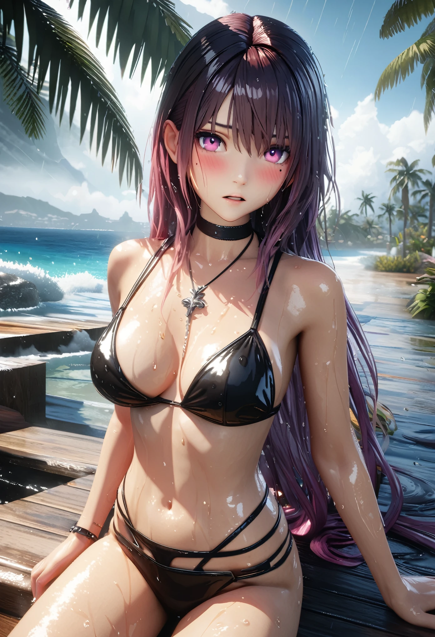 masterpiece, best quality, highly detailed, high resolution, expensive resolution, high resolution, 4k, 8k, Unity 8k wallpaper, highly detailed CG, masterpiece, 2d, 3d, beautiful details, depth, fine texture, best quality: 1.3, fully focused, crispy skin, him, very cute anime girl, bikini, Heavy rain, squall,big boobs, expensive pink medium long hair, heavy rain, squall, soaking wet hair, soaking wet only daughter, palm trees, seaside, mole under eye, looking at the viewer, expensive, blush, mole, open lips, heart, pink eyes, choker