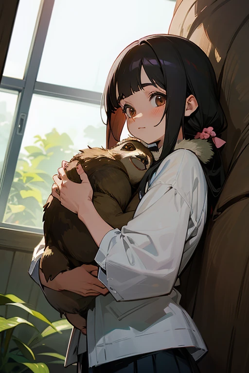 An anime girl holding a pet sloth both looking at the screen