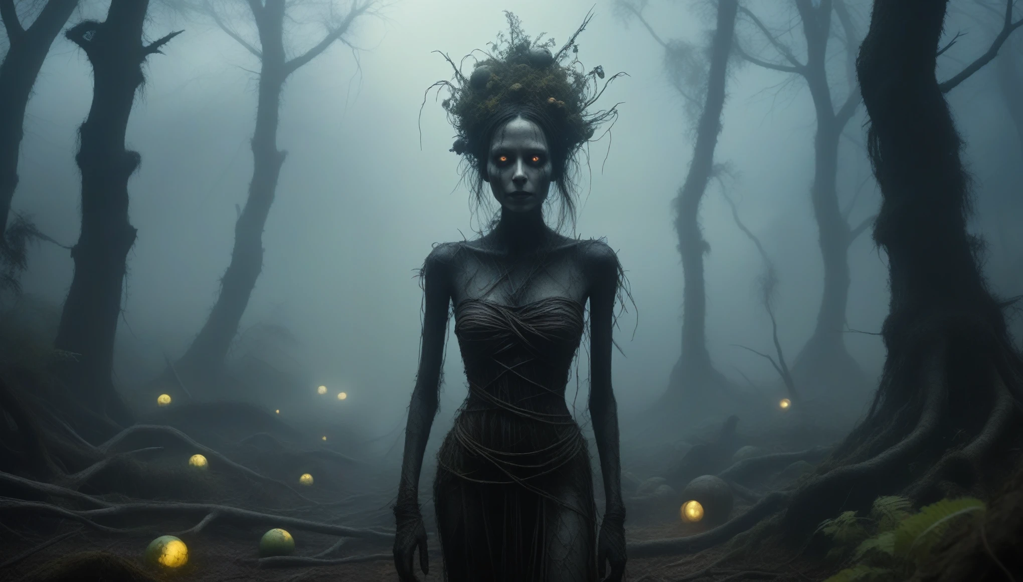 young graphite witch's mummy made of dead plants crawling out foggy Louisiana forest, radioactive atmosphere,steampunk dark horror fantasy, ominous landscapes,large number of stars fly towards the viewer,radioactive world,ruined theme,lots of toxic dust,full body length shot,once pretty face,full body length, eerie atmosphere, ethereal presence,  toxic mists, supernatural entities, sinister aura, dark and twisted branches, macabre elements, eerie and ominous lighting，Complicated detail,captivating creation,intricate details,extremely detailed,masterpiece,intricate details,eyes extremely detailed, high detailed eyes,32k resolution, Nikon Z9,like Stone Forest in Yunnan Province of China,Simon Stalenhag,Nicola Samori,Wangechi Mutu, horror movie, cinematic look, creepy aesthetic, ultra detailed, photorealistic, masterpiece, In a Tim Burton,matter plants regaining territory