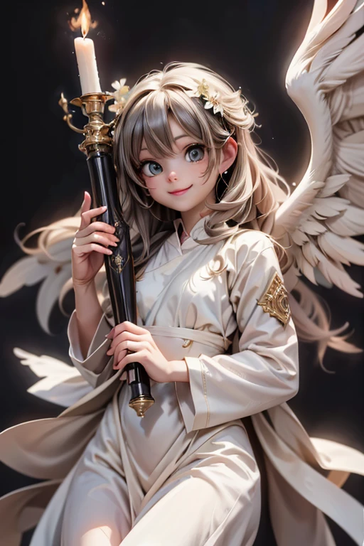 a beautiful angel smiling, holding a floating flame