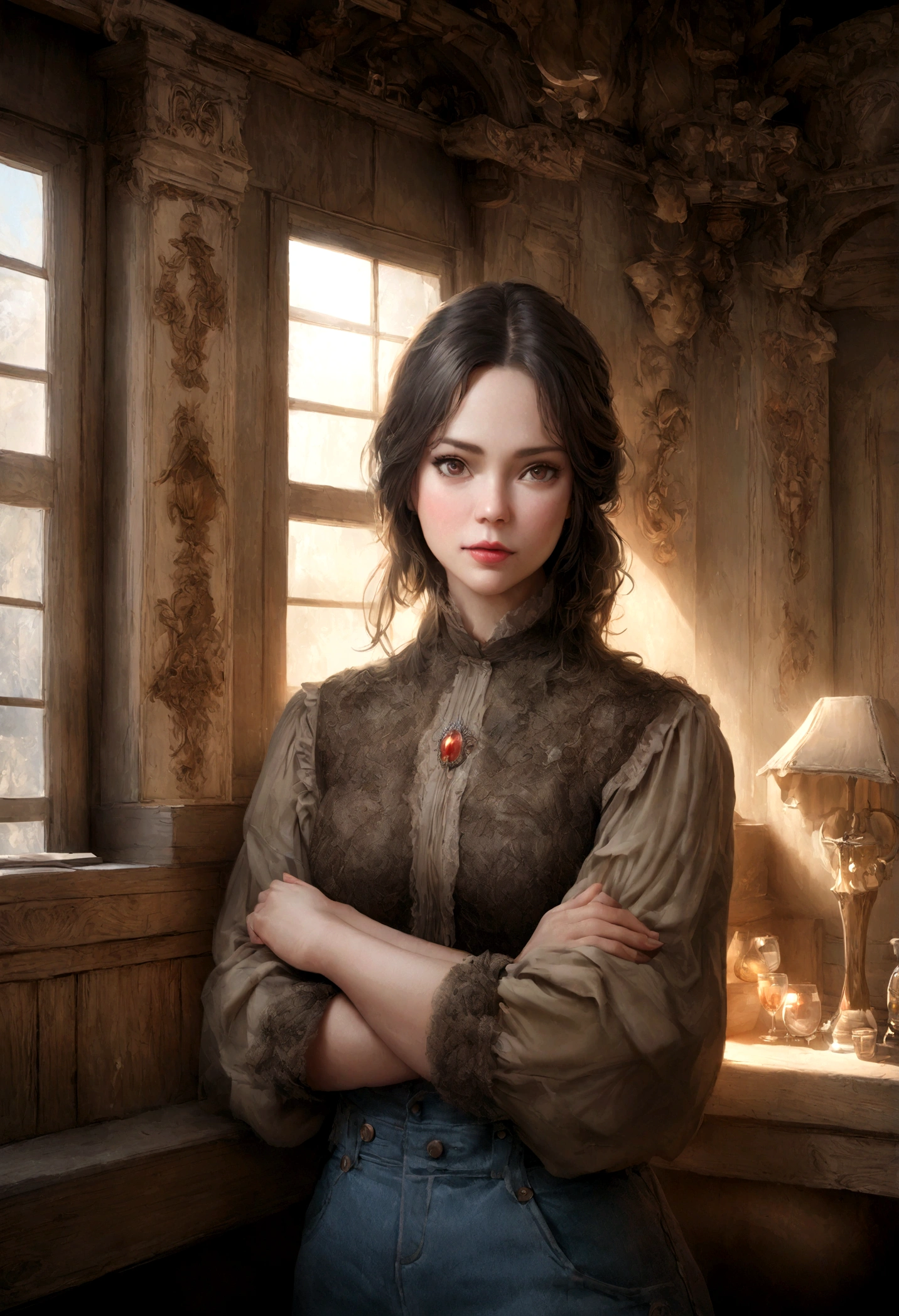 (Best quality,4k,8k,high resolution,chef-d'artwork:1.2),ultra-detailed,(Realistic,photoRealistic,photo-Realistic:1.37),belle femme, 30 ans old,femme souriante,long,corrugated,dark brown hair,dark brown eyes,expression heureuse,detailed hair strands,bonheur,atmosphère relaxante ,dressed in jeans,tenue stylée et moderne,coin salon confortable,cut stone furniture ,lighting'ambiance confortable,large glass windows ,musique de fond douce ,vibrant and energetic atmosphere, palette de couleurs chaudes,couleurs neutres avec des touches de tons terreux,warm and soft lighting,elegant decorative elements,peintures murales artistiques ,suspendre des plantes au plafond,espace lumineux , environnement invitant et accueillant, Soft light, Best quality, UHD, high details, Best quality, beau visage, visage ovale long, regard profond et charmant, regard profond, Cinematic lighting, flou de mouvement, Grains de films, very detailed, 30 ans, cheveux corrugateds naturels, dark brown eyes, high resolution, chef-d'artwork, Best quality, Intricate details, very detailed, Sharpness, detailed skin, Realistic skin texture, texture, detailed eyes, professionnel, 4k, 85mm, faible profondeur de champ, Vision des couleurs Kodak, corps parfaitement ajusté, Extremely detailed, photo_\(ultra\), photoRealistic, Realistic, Post-traitement, maximum detail, roughness, vrai vie, ultra Realistic, photorealism, la photographie, 8K UHD, la photographie (grain de film) plan moyen pour gros plan, visage plus long et plus mince, visage parfait, poitrine de taille moyenne, corps mince et sportif, THE HANDS ARE HIDDEN FROM L'IMAGE
