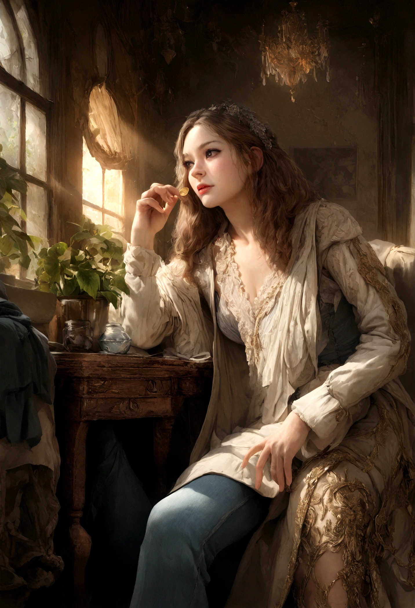 (Best quality,4k,8k,high resolution,chef-d&#39;artwork:1.2),ultra-detailed,(Realistic,photoRealistic,photo-Realistic:1.37),belle femme, 30 ans old,femme souriante,long,corrugated,dark brown hair,dark brown eyes,expression heureuse,detailed hair strands,bonheur,atmosphère relaxante ,dressed in jeans,tenue stylée et moderne,coin salon confortable,cut stone furniture ,lighting&#39;ambiance confortable,large glass windows ,musique de fond douce ,vibrant and energetic atmosphere, palette de couleurs chaudes,couleurs neutres avec des touches de tons terreux,warm and soft lighting,elegant decorative elements,peintures murales artistiques ,suspendre des plantes au plafond,espace lumineux , environnement invitant et accueillant, Soft light, Best quality, UHD, high details, Best quality, beau visage, visage ovale long, regard profond et charmant, regard profond, Cinematic lighting, flou de mouvement, Grains de films, very detailed, 30 ans, cheveux corrugateds naturels, dark brown eyes, high resolution, chef-d&#39;artwork, Best quality, Intricate details, very detailed, Sharpness, detailed skin, Realistic skin texture, texture, detailed eyes, professionnel, 4k, 85mm, faible profondeur de champ, Vision des couleurs Kodak, corps parfaitement ajusté, Extremely detailed, photo_\(ultra\), photoRealistic, Realistic, Post-traitement, maximum detail, roughness, vrai vie, ultra Realistic, photorealism, la photographie, 8K UHD, la photographie (grain de film) plan moyen pour gros plan, visage plus long et plus mince, visage parfait, poitrine de taille moyenne, corps mince et sportif, THE HANDS ARE HIDDEN FROM L&#39;IMAGE