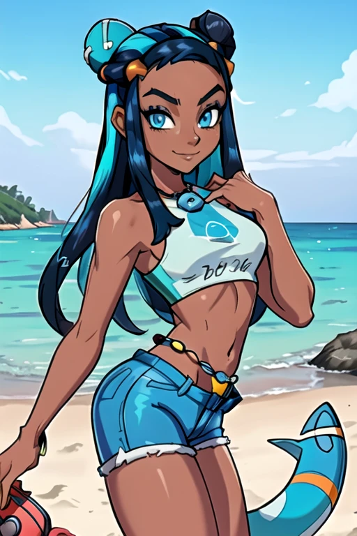 masterpiece, best quality, highly detailed, (Detailed face:1.2), (Detailed eyes:1.2), 1girl, solo, (nessa_pokemon:1.3), dark-skinned female, dark skin, blue eyes, aqua eyes, long hair, black hair, blue hair, aqua hair, multicolored hair, two-tone hair, hair bun, single hair bun, eyeshadow, slim feminine figure, arrogant smile, shorts, crop top, tankini, belly chain, single glove, midriff, sandals, , Hand lifting one leg, Detailed legs, flexible, (Standing on one leg:1.2), (standing split:1.3), Hand lifting one leg, stretching, posing, cowboy shot, cinematic composition, (Background: outdoors, day time, beach town, view of the ocean)
