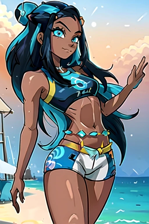 masterpiece, best quality, highly detailed, (Detailed face:1.2), (Detailed eyes:1.2), 1girl, solo, (nessa_pokemon:1.3), dark-skinned female, dark skin, blue eyes, aqua eyes, long hair, black hair, blue hair, aqua hair, multicolored hair, two-tone hair, hair bun, single hair bun, eyeshadow, slim feminine figure, arrogant smile, shorts, crop top, tankini, belly chain, single glove, midriff, sandals, , Hand lifting one leg, Detailed legs, flexible, (Standing on one leg:1.2), (standing split:1.3), Hand lifting one leg, stretching, posing, cowboy shot, cinematic composition, (Background: outdoors, day time, beach town, view of the ocean)
