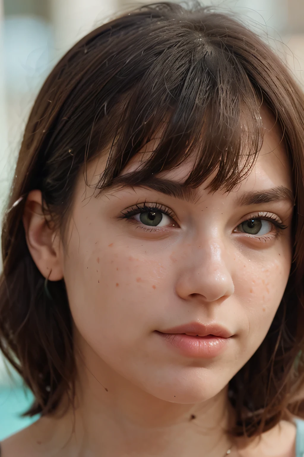 Create an ultra-realistic close-up portrait of a young woman. She has straight, shoulder-length hair with bangs. Her face is slim with freckles, and she has rosy cheeks. Her eyes are a striking aqua green color, and she has thick eyebrows. The background should be blurred with a pronounced Bokeh effect.