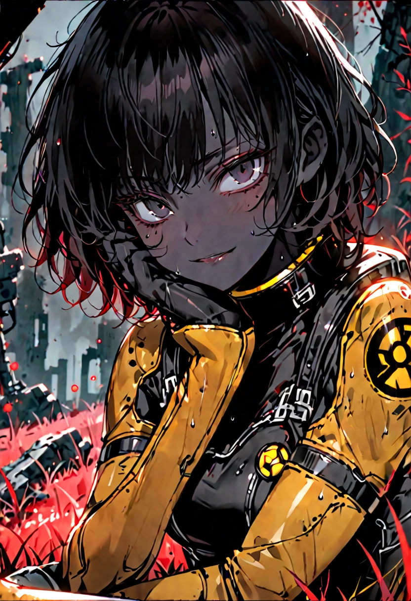 solo, female, sfw, tired smile, pitch black skin, red forest, short hair, black hair, messy hair, radiation suit, ruins, red grass:0.3, tired, black eyes, elbow resting on object, sweat, close up, elbow rest, hand on chin