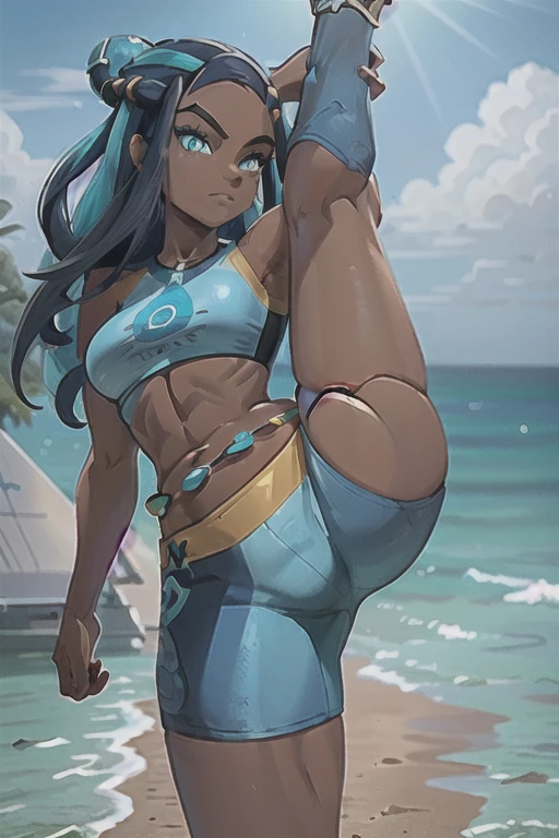 masterpiece, best quality, highly detailed, (Detailed face:1.2), (Detailed eyes:1.2), 1girl, solo, (nessa_pokemon:1.3), dark-skinned female, dark skin, blue eyes, aqua eyes, long hair, black hair, blue hair, aqua hair, multicolored hair, two-tone hair, hair bun, single hair bun, eyeshadow, slim feminine figure, arrogant smile, shorts, crop top, tankini, belly chain, single glove, midriff, sandals, , Hand lifting one leg, Detailed legs, flexible, (Standing on one leg:1.2), (standing split:1.3), Hand lifting one leg, stretching, posing, cowboy shot, cinematic composition, (Background: outdoors, day time, beach town, view of the ocean)