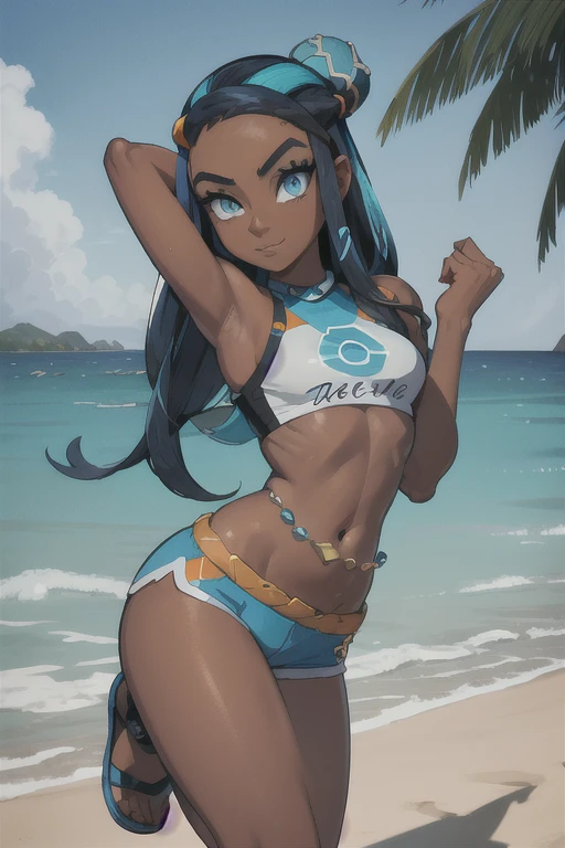 masterpiece, best quality, highly detailed, (Detailed face:1.2), (Detailed eyes:1.2), 1girl, solo, (nessa_pokemon:1.3), dark-skinned female, dark skin, blue eyes, aqua eyes, long hair, black hair, blue hair, aqua hair, multicolored hair, two-tone hair, hair bun, single hair bun, eyeshadow, slim feminine figure, arrogant smile, shorts, crop top, tankini, belly chain, single glove, midriff, sandals, , Hand lifting one leg, Detailed legs, flexible, (Standing on one leg:1.2), (standing split:1.3), Hand lifting one leg, stretching, posing, cowboy shot, cinematic composition, (Background: outdoors, day time, beach town, view of the ocean)
