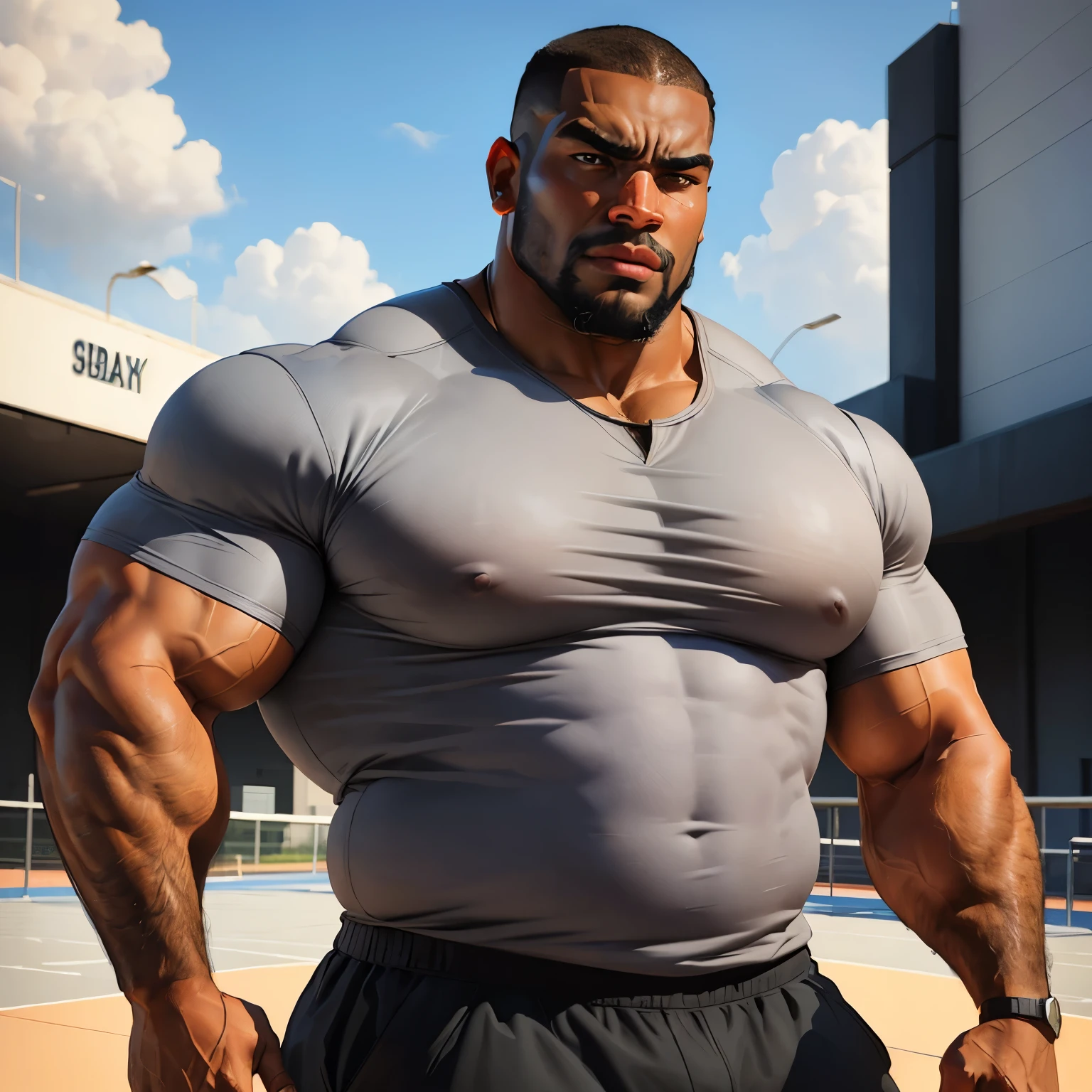 an exaggeratedly muscular and large bodyguard, beefy build, beard, dark-skinned african american male, buzzcut hair with square line, (worried expression: 1.2), (wearing grey shirt: 1.2), wearing black underwear, (bara pecs: 1.3), beefy pecs, (arm and chest hair: 1.2), portrait HD, (outdoor track field)