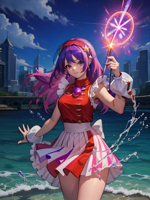 (masterpiece, best quality:1.2), intricate details, athena asamiya, 1girl, dress, , hairband, long hair, , purple hair, purple eyes, star hair ornament,,cloud,sky,water,water splashes,rainbow,(tight dress:0.5),blue,red,pink,,fantastic coloured glaze,,, acid_fluid, , holographic,holographic clothing,