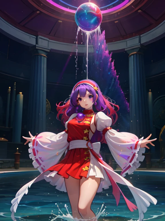 (masterpiece, best quality:1.2), intricate details, athena asamiya, 1girl, dress, , hairband, long hair, , purple hair, purple eyes, star hair ornament,,cloud,sky,water,water splashes,rainbow,(tight dress:0.5),blue,red,pink,,fantastic coloured glaze,,, acid_fluid, , holographic,holographic clothing,